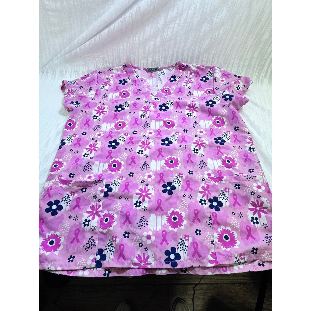 Wear For Care Breast Cancer Awareness Scrub Top Pink Floral Ribbon V-Neck Large
